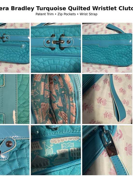 Vera Bradley Handbags - Vera Bradley Turquoise Quilted + Patent Trim Wristlet Clutch